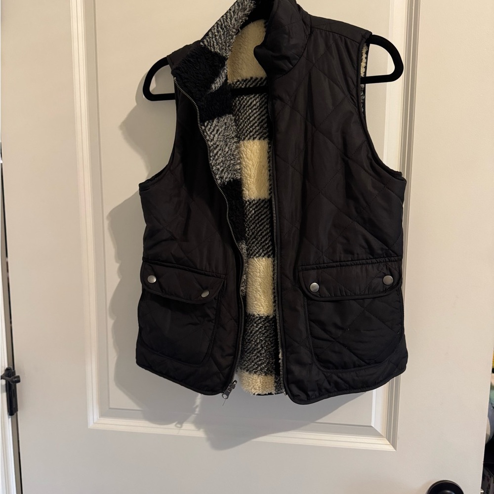 Reversible Black Quilted Vest and Black and White Fuzzy Plaid